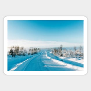 Blue Scandinavian Winter Landscape With Mysterious Fog on Sunny Cold Day Sticker